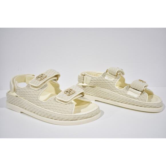Chanel 22S Ivory White Knit CC Logo Mule Slide Strap Flat Dad Teva Sandal 36.5 - Picture 3 of 11